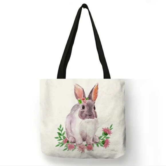 Eco-Friendly Bunny with Pink Flowers Folding Tote Bag - Picture 1 of 14